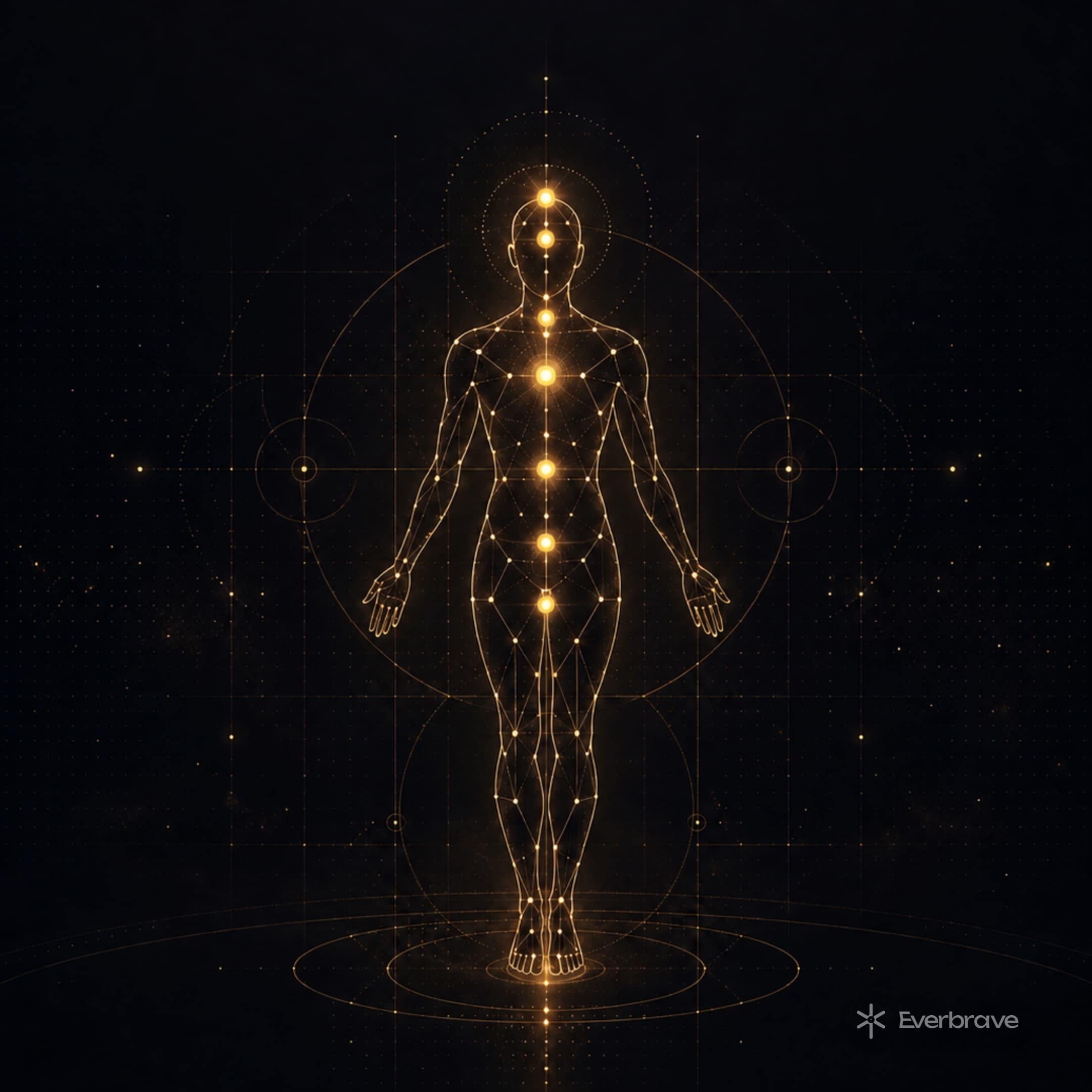 The energy body drawn in light: centres down the midline, the whole figure on a field of fine gold geometry