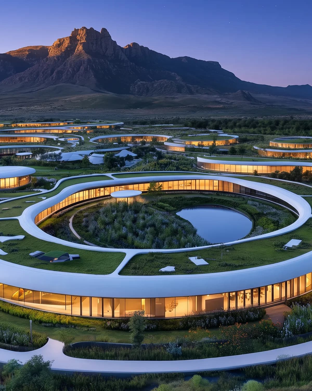 Concept render: an aerial view of a village at dusk, white curved ring buildings with glass walls and planted roofs around a pond, linked by garden paths, under a mountain.